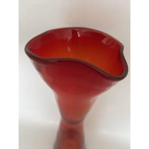 Tall Hand blown MCM Swung Vase Ombre Red Orange Art Glass Amberina 13.5” Fluted - Picture 7 of 11
